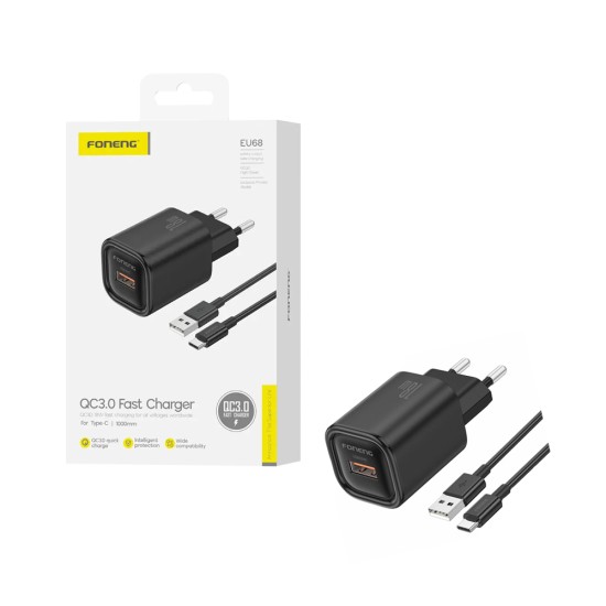 Carregador Foneng EU68 USB-A 3A 18W com Cabo Tipo-C 1m Preto